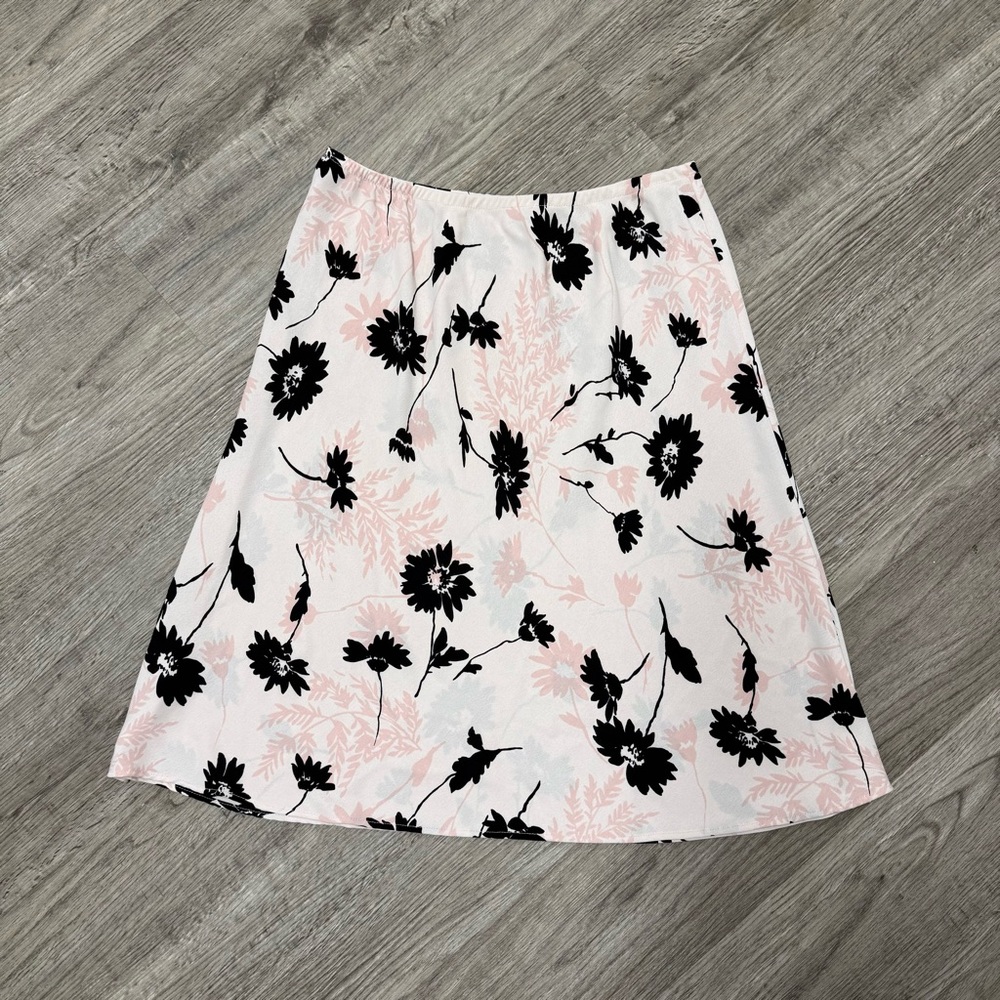 Vintage Floral A-Line Skirt Pink Black Daisy Print Size 16 Style 169824 Made USA